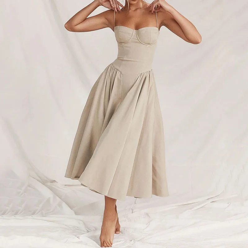 

Summer New Fashion Sexy Sling Slim Fit Backless Pleated Midi Dress for Women Qins