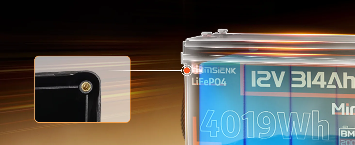 HumsiENK 12V 314Ah LiFePO4 Lithium-Batterie 200A BMS 15000 Zyklen für Off-Grid/RV/Camping/Marine/Energiespeicherung/2 Jahre Garantie/UL 1973 – Detail 7