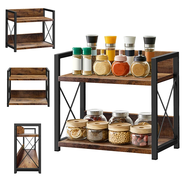 2 Tier Metal Kitchen Storage Shelf with Wooden Board