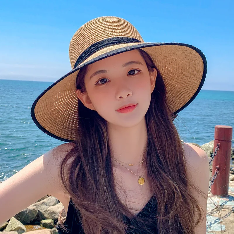 

2022 Korean Female Lace Strap Big Brimmed Straw Summer Beach Travel Hat Mesh Sun Protection Sunshade