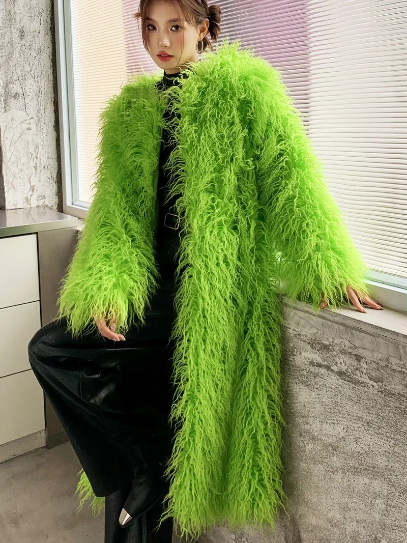 2023 Autumn And Winter New Unique Fruit Green Faux Fur Color Coats Imitated Sheep Furry Woolen Overknee Long Warm Jacket Women