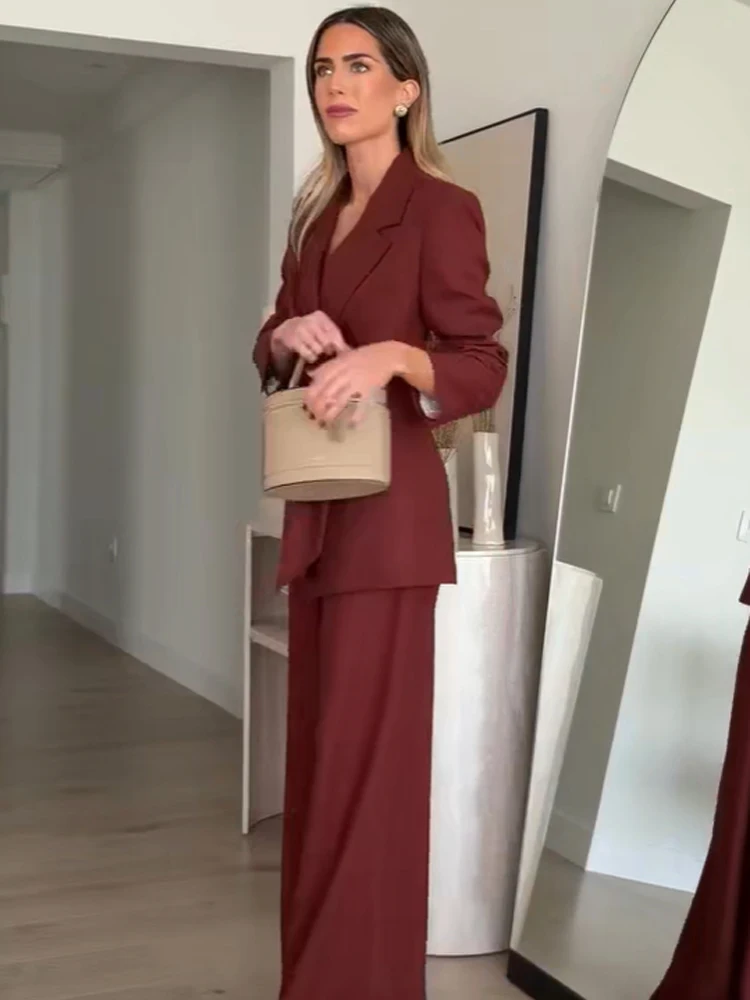 Women's Blazer Long Pants Suit Sets Or Spring Female Chic Lace Up Blazers Jacket Or Lady OL Casual Wide Leg Trousers - 3