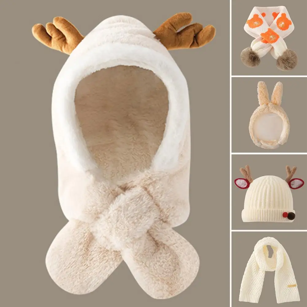 

Plush Balls Ears Decor Fleece Lining Solid Color Ear Protection Baby Beanie Winter Infant Cartoon Shape Bucket Hat Scarf Cap