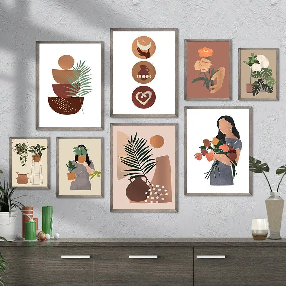 

Boho Abstract Art Set Floral Girl Face Shapes Contemporary Poster Gallery Wall Prints Canvas Painting Pictures Living Room Decor