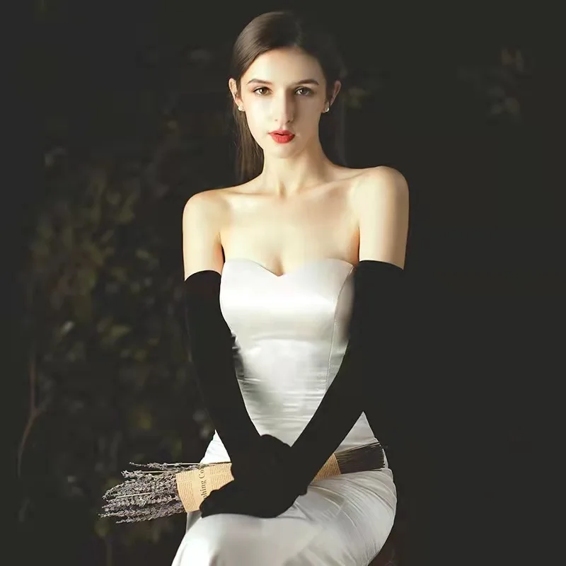 

Women's Black Winter Velvet Full Finger Wedding Bridal Gloves Long Opera Party Gloves 2023