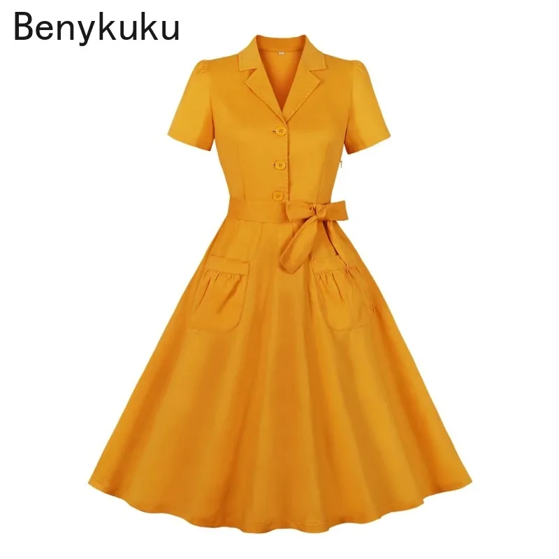 

Ginger Notched Collar Button Vintage Belted Dress Summer Outfit Elegant Women Short Sleeve Pocket Cotton Formal Occasion Dresses