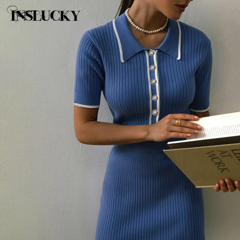 

InsLucky Knitting Elegant Gentle Office Lady Dress Turndown Collar Short Sleeve Panelled Button Midi Dresses Women Fashion Sexy