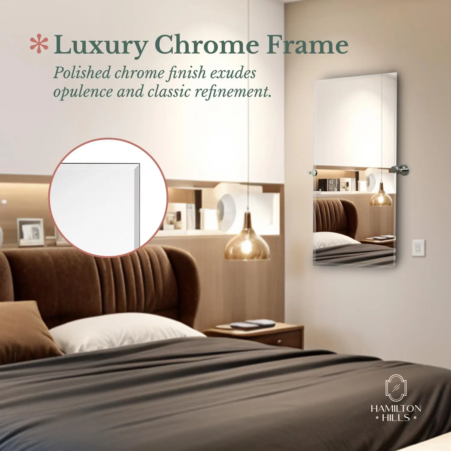 24x36" Frameless Pivot Mirror. Adjustable Rectangular. Wall-Mounted. Chrome Silver Brackets. Modern Kitchen, Living Room.