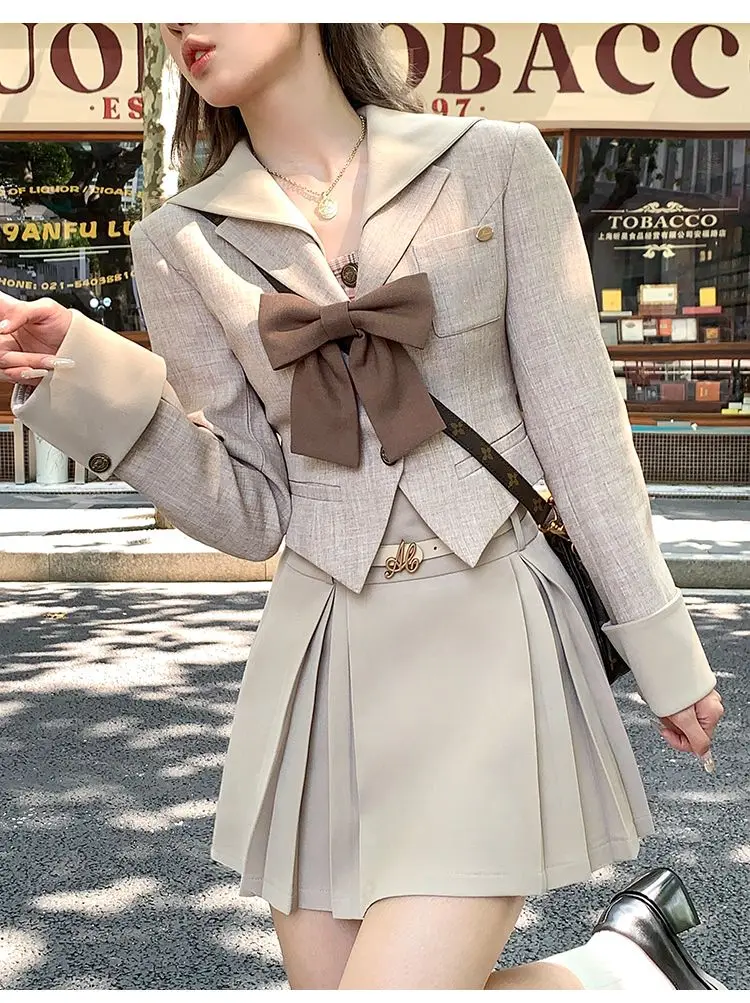 Korean Skirt Suit Sweet Girl Preppy Style Suit Women'S Autumn Short Bow Jacket High Waist Mini Pleated Skirt Set autumn new girls flats shoes fashion princess shoes solid color baby girl leather shoes mary janes mule