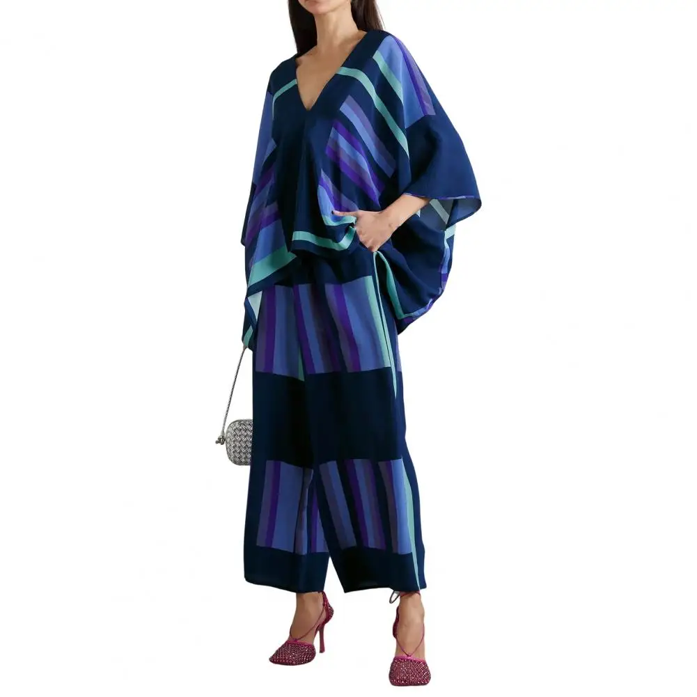 2 Pieces/set Women's Tops And Pants Suit V-neck Printed Dolman Sleeves Side Pockets Wide-leg Stage Performance Clothing