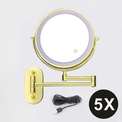 8-Inch Chrome Makeup Mirror with Double-Sided Magnification and Tri-Color LED Lighting (8in Gold USB 5X)