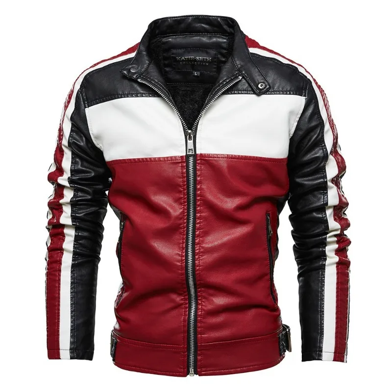2023 Winter New Men Leather Men Color Stitching Stand-Collar Motorcycle Clothing PU Leather Jacket Casual Fleece-Lined Outerwear