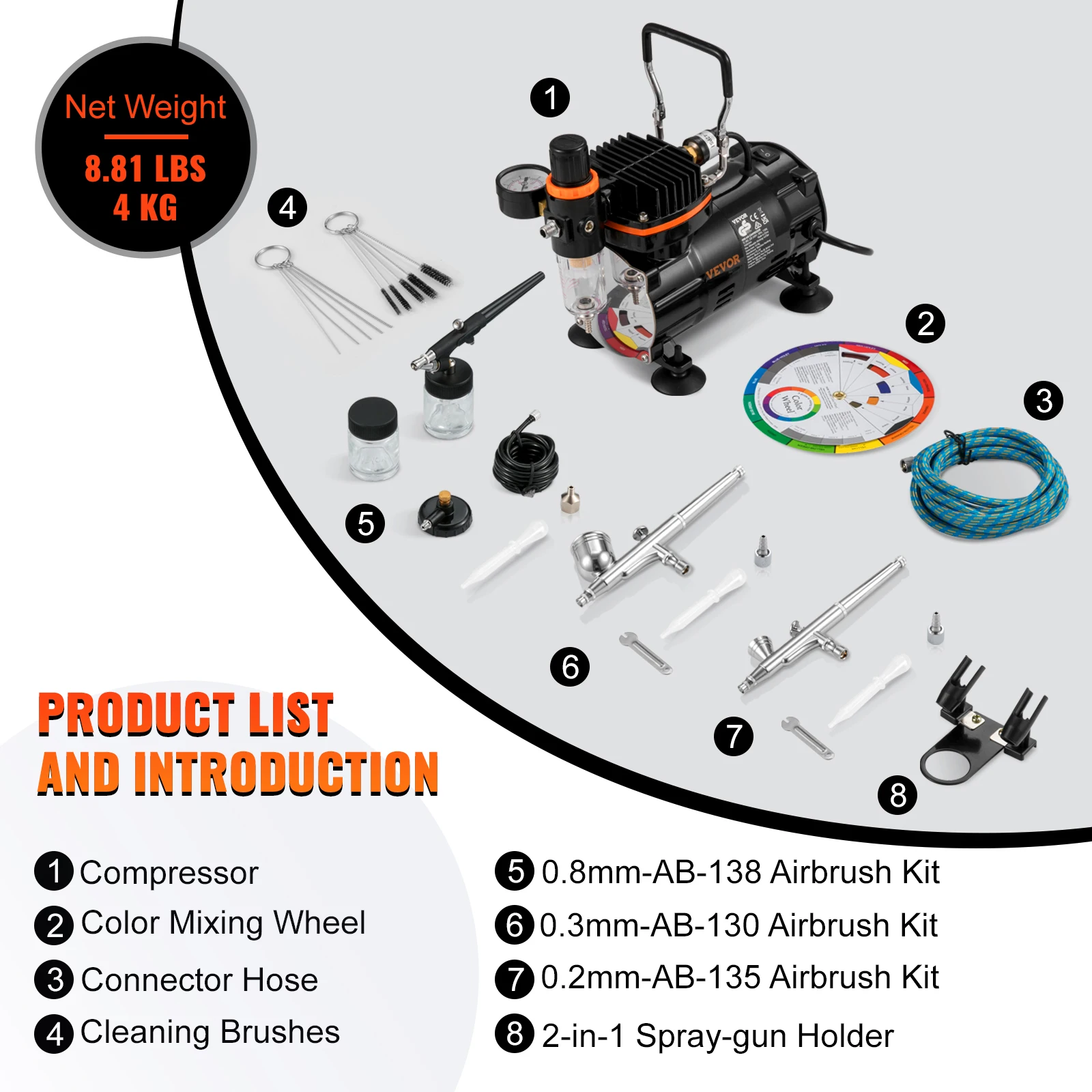 VEVOR Professional Dual-Action Airbrush Kit 120W Electric Spray Gun Air Brush Painting Set Art Nail Tattoo Makeup Model Sprayer 6