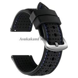 Enhanced Silicone Waterproof Watch Band - Soft, Breathable, Quick Release Wrist Strap - 22mm (Black Blue - Silver)