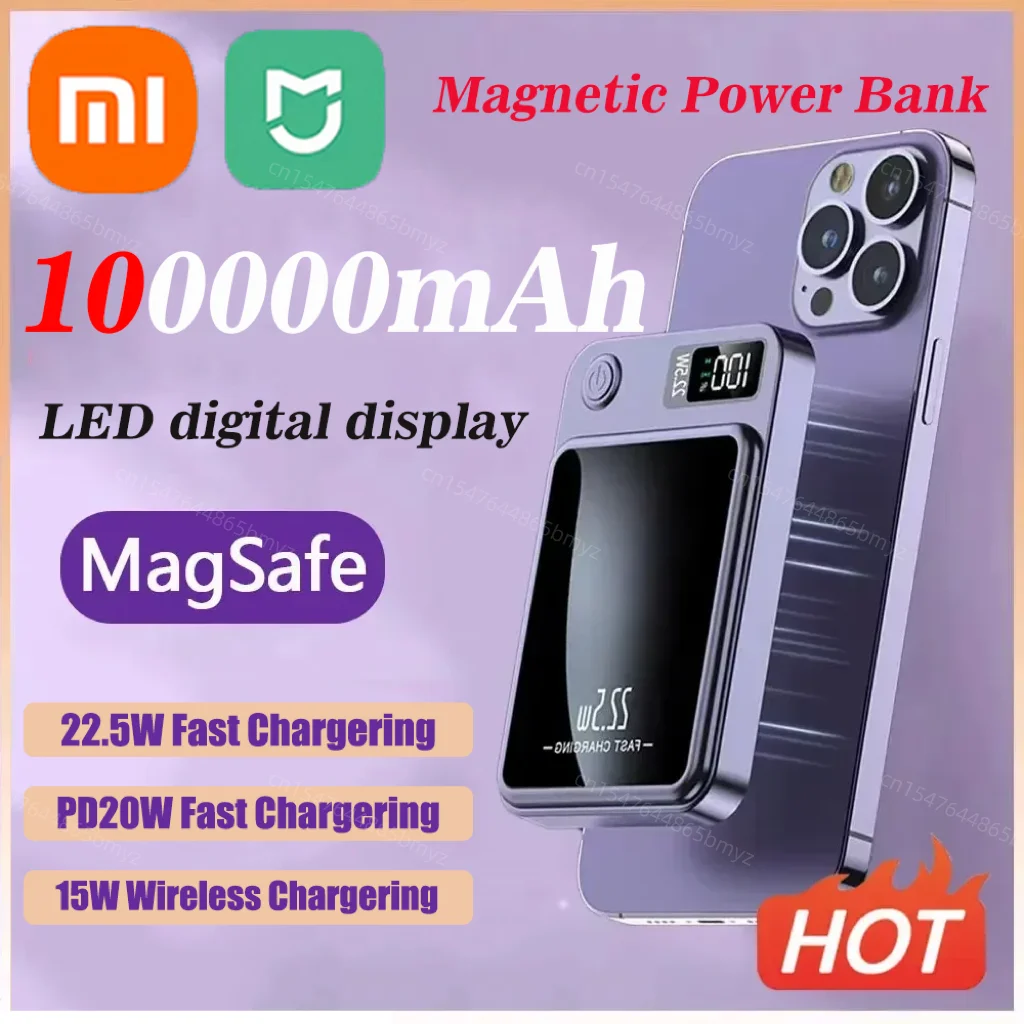 Portable Power Bank Xiaomi Mijia 100000mAH Power Bank 22.5W Magnetic Wireless Hand Warmer Fast Charging Magnetic Power Bank For Iphone16 Huawei