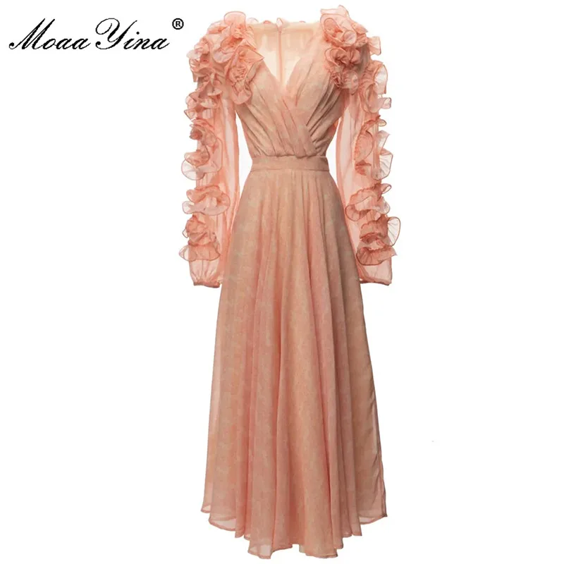 

Женское платье с глубоким v-образным вырезом MoaaYina, элегантное однотонное платье с длинными рукавами и оборками