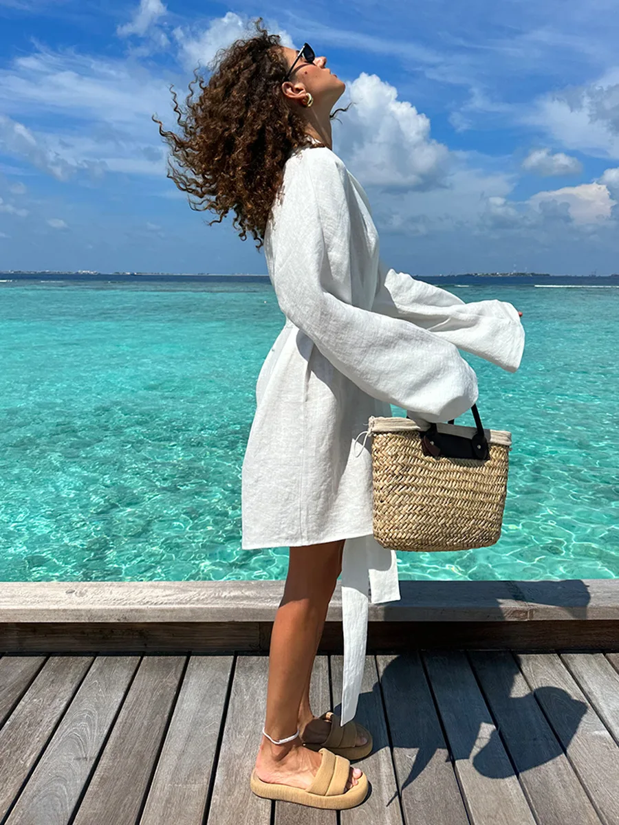 Bornladies Cotton And Linen Robe Dress 2025 Autumn Winter New Women's Lace Long Sleeve Dress Casual And Comfortable Beach Dress