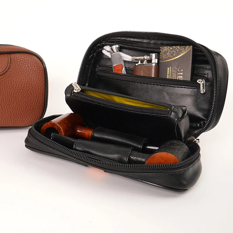 PU Leather Tobacco Smoking Pipe Bag for 2 pipes Portable Herb Pipe Case Smoke Tool Built-in small pocket for tobacco accessory