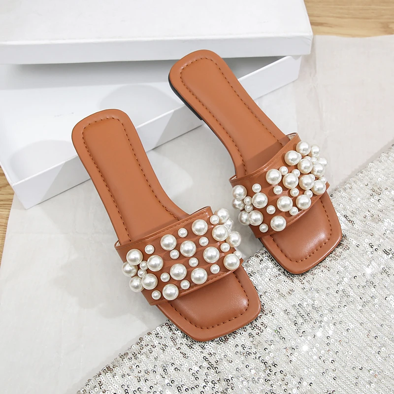 

Шлепанцы женские на низком каблуке, повседневные туфли-слайды, с открытым носком, с бусинами, жемчужинами, летняя обувь