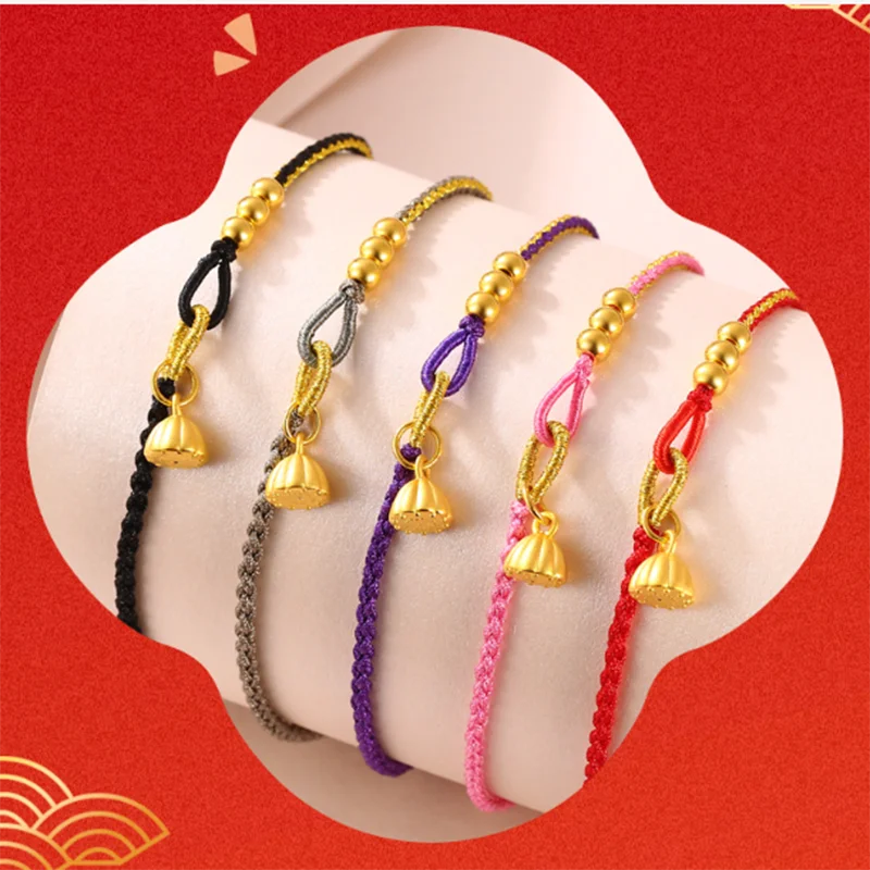 

1PCS 999 Pure Real 24K Yellow Gold Bracelet For Women 3D Lotus Bead 4mm Color String Knitted Bracelets 6.5inch Length