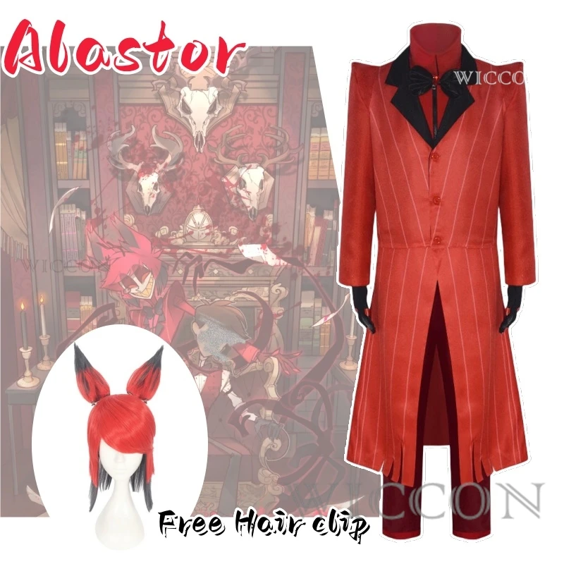 

Alastor Anime Cosplay Costume Clothes Wig Free Hair clip Uniform Cosplay Radio Demon Strawberry Pimp Demon Lord Party Halloween