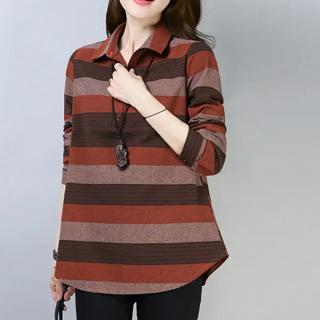 Spring Autumn Elegant Fashion Harajuku Tops Women All Match Loose Casual T-shirts Stripe Patchwork Cotton Long Sleeve Tops Lady
