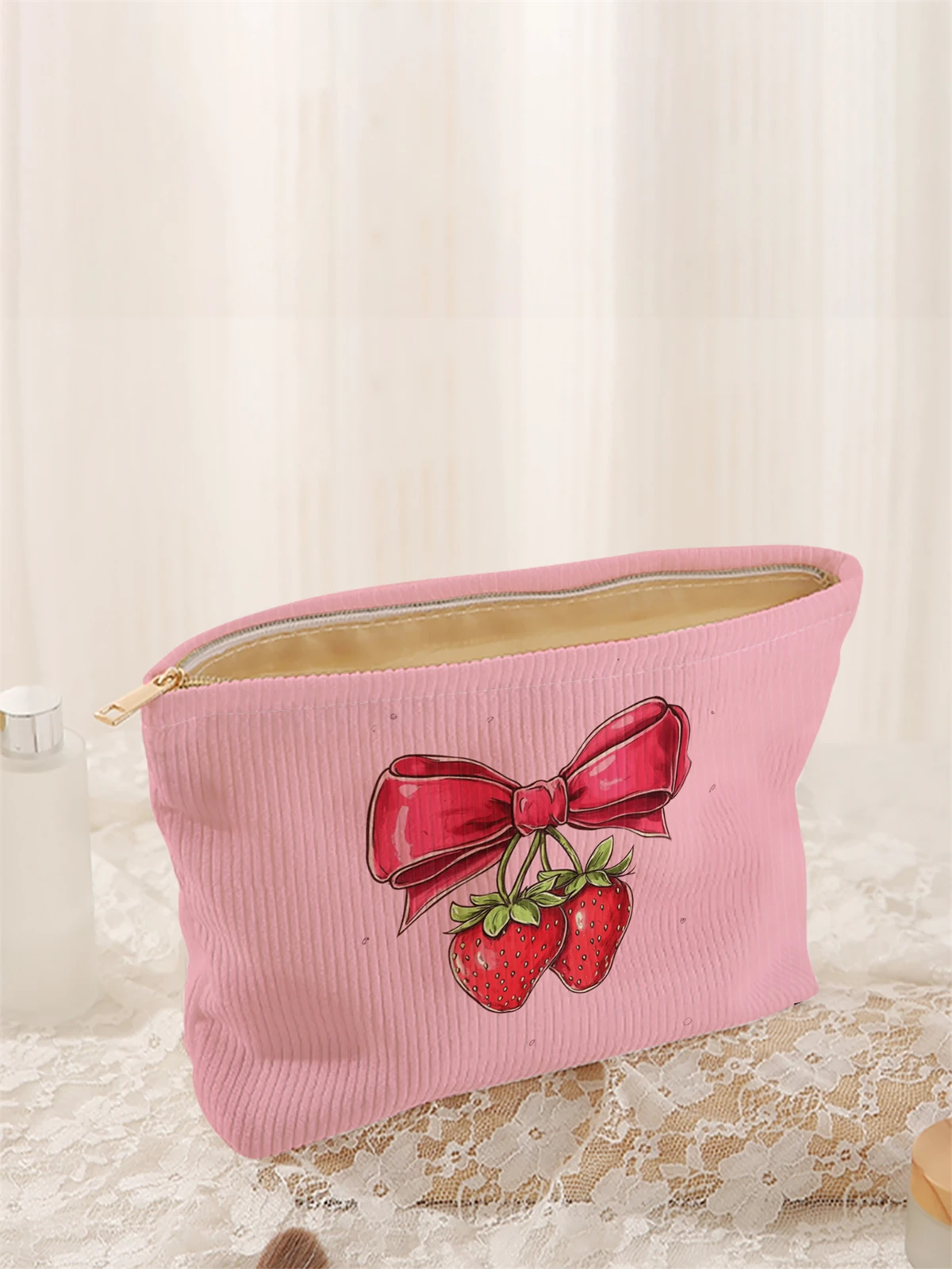 1 corduroy makeup bag with strawberry and bow pattern, lightweight zipper makeup storage box, multifunctional bag with lining