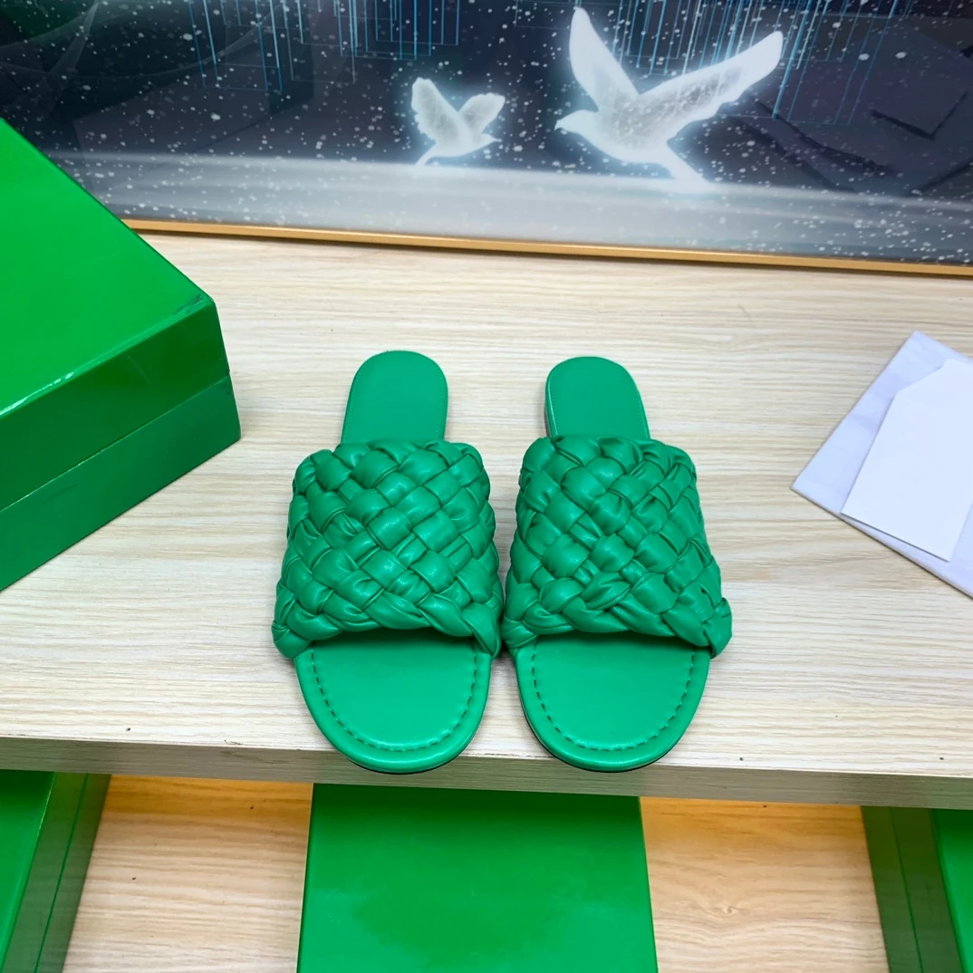 

Top quality Hand-knitted flat slippers for women genuine leather fashion summer beach sandals with full package