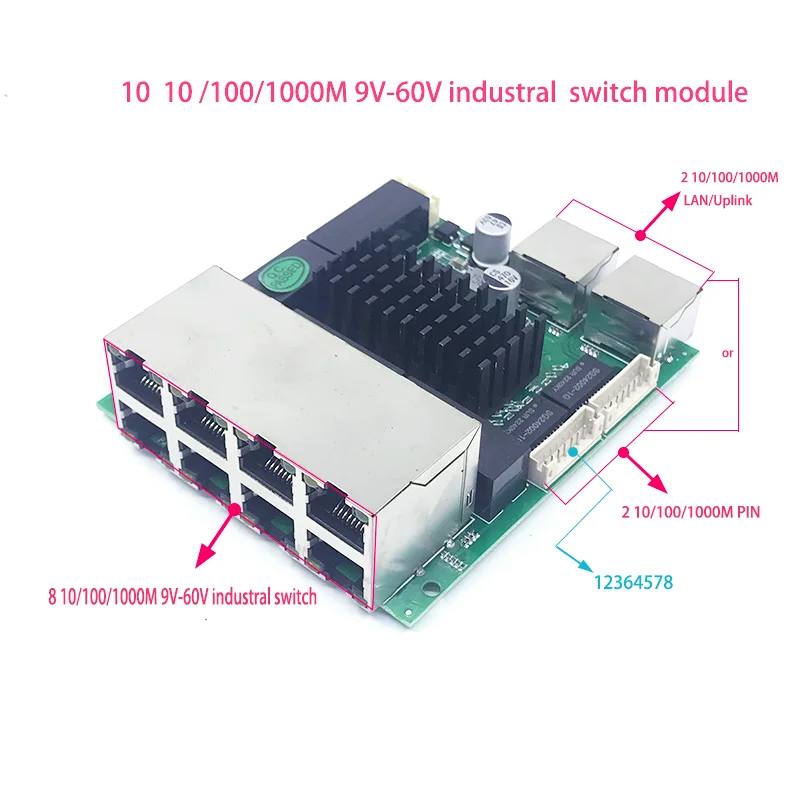 

1000M switch Unmanaged 10port 10/100/1000M 9V-60V 8 1000M port with 2 1000M NVR UPLINK industrial module PCBA board OEM Ports