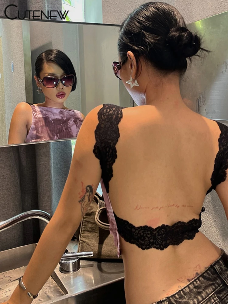 Lace Patchwork Women Vests Summer Sexy Tie Dye Print Backless O-neck Crop Skinny Tops Female Fashion Street Party Tanks