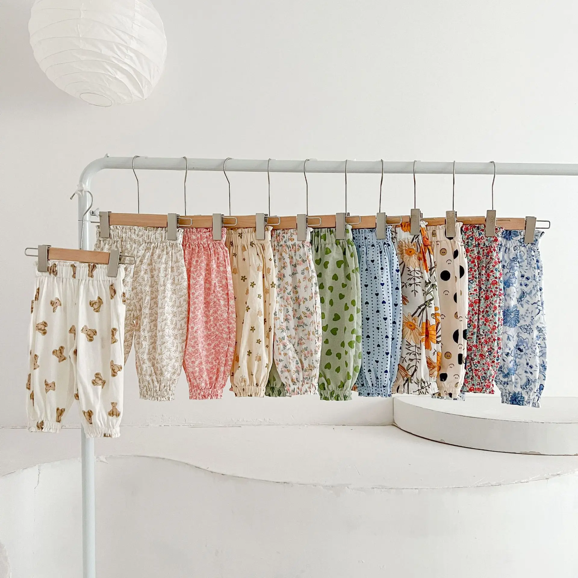 Angoubebe 232K05 Infant Baby Girls Casual Floral Print Long Pants Outfit Wearing In Summer