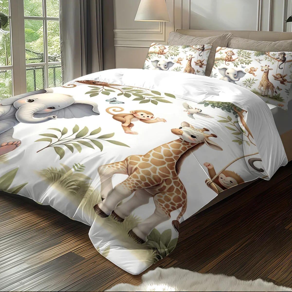 3pcs Duvet Cover Set King Size,Cartoon Zoo Pattern Print,  1 * duvet cover+2 pillowcases-Bedding Set for Bedroom,Hotel