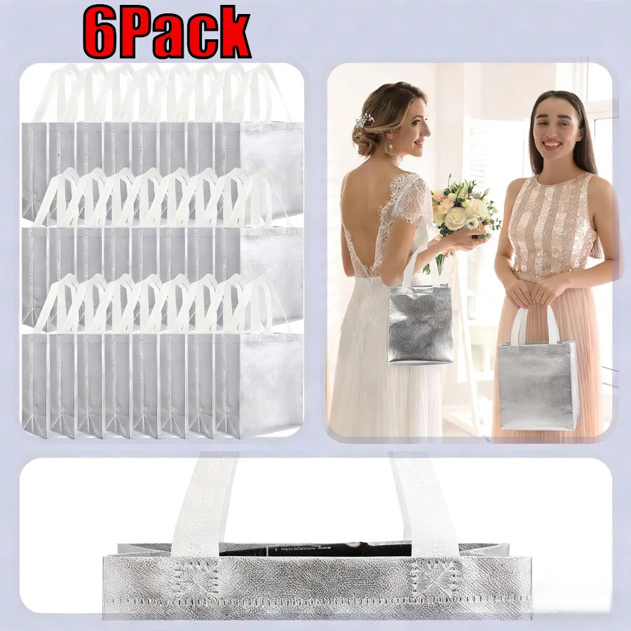 6/12er-Pack silberne Geschenktüten, wiederverwendbar, 26 x 20 x 10 cm, mittlere Größe mit Griff für Weihnachten, Geburtstag, Hochzeit, Party