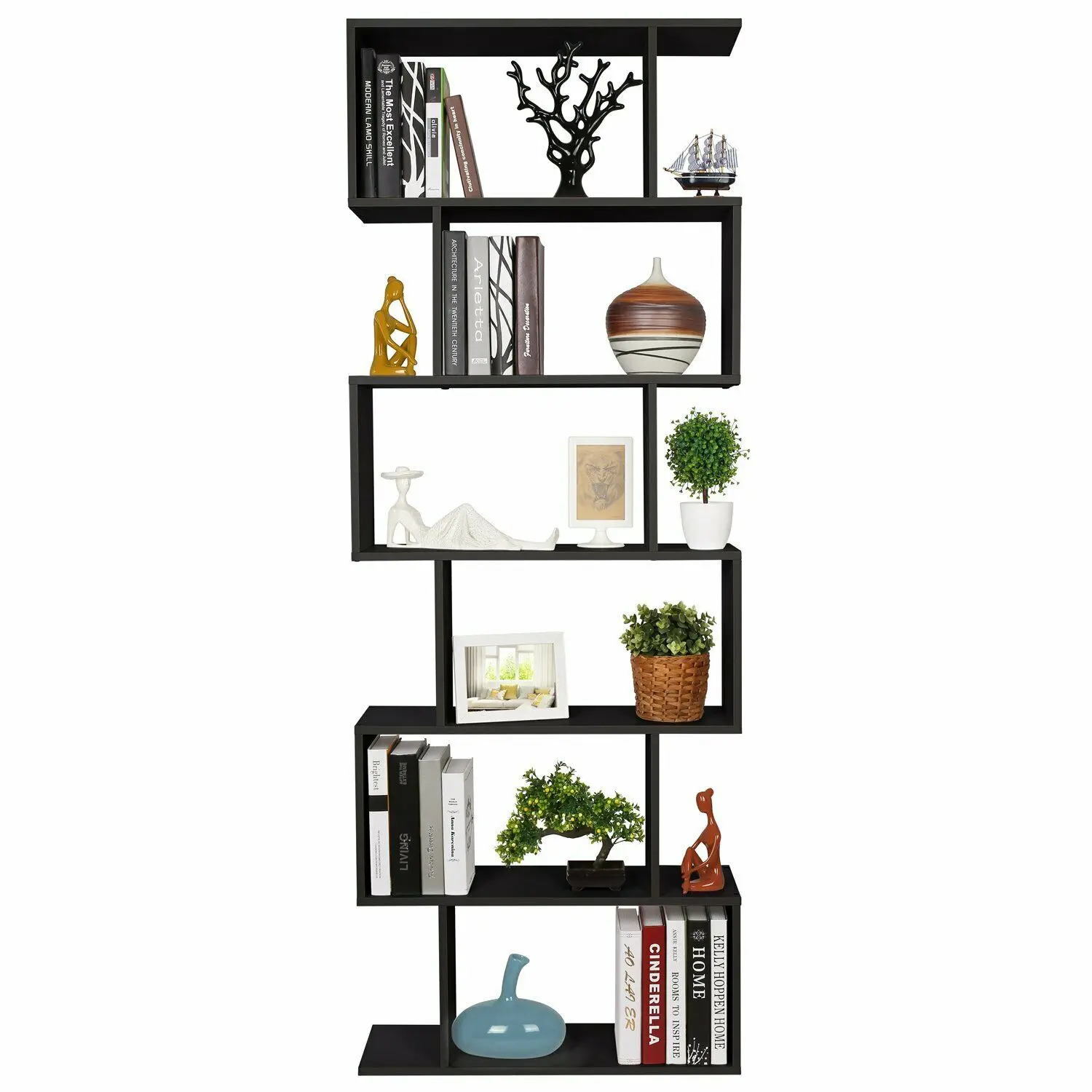 

6-Tier Wooden Bookcase, S-Shape Display Shelf and Room Divider, Freestanding Decorative Storage Shelving, 190.5cm Tall Bookshelf