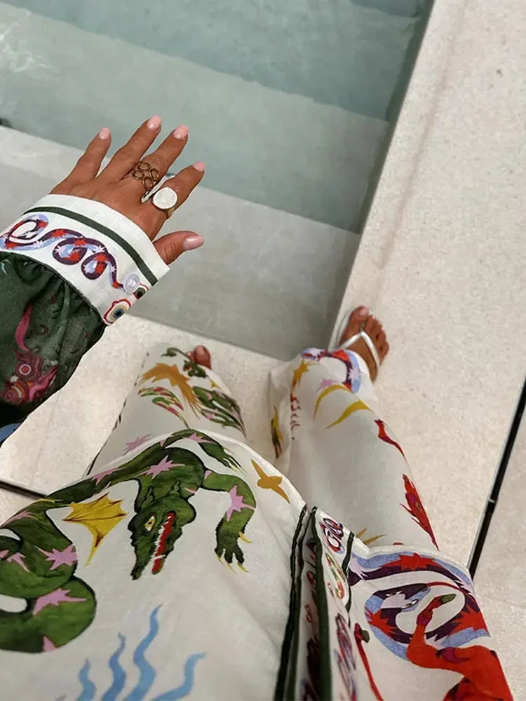 Loose Printed 2 Pieces Pant Sets Women Lapel Long Sleeve Blouse High Waist Wide Leg Pants Suit 2024 Summer Beach Holiday Outfits