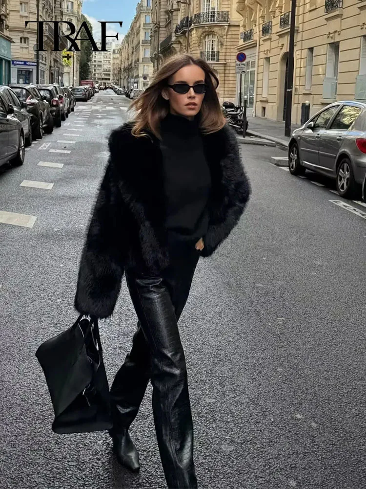 

TRAF Women Faux Fur Coat Jackets Autumn Winter Women Long Sleeve Outerwear Female Thick Warm Soft Coats