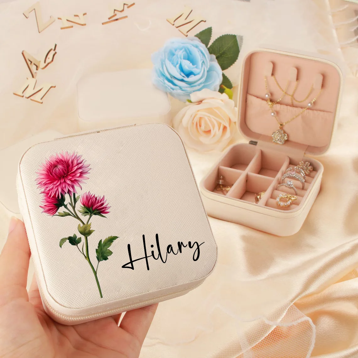 Personalized Leather Jewelry Box - Custom Name & Birth Flower, Wedding & Travel Gift For Women