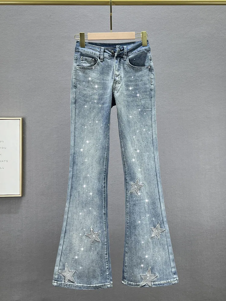 

Модные вышитые джинсы скинни с высокой талией 2024 весна осень эластичные стройнящие женские широкие брюки с блестками