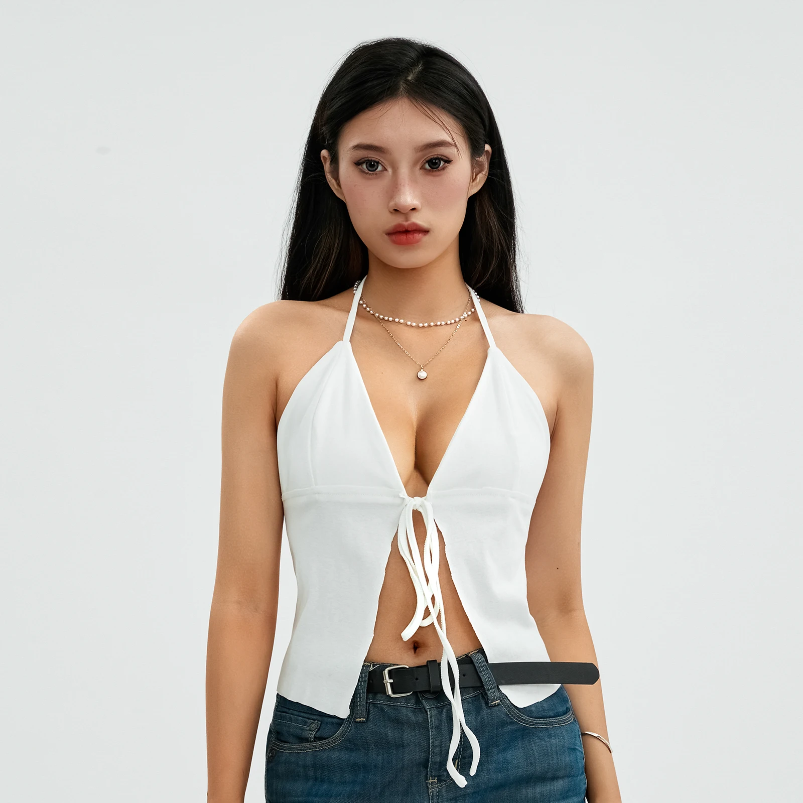 

2023 Summer New Fashion Hot Sale Women Crop Vest Tops Sexy Casual Sleeveless Hanging Neck Drawstring Solid Color Crop Tops