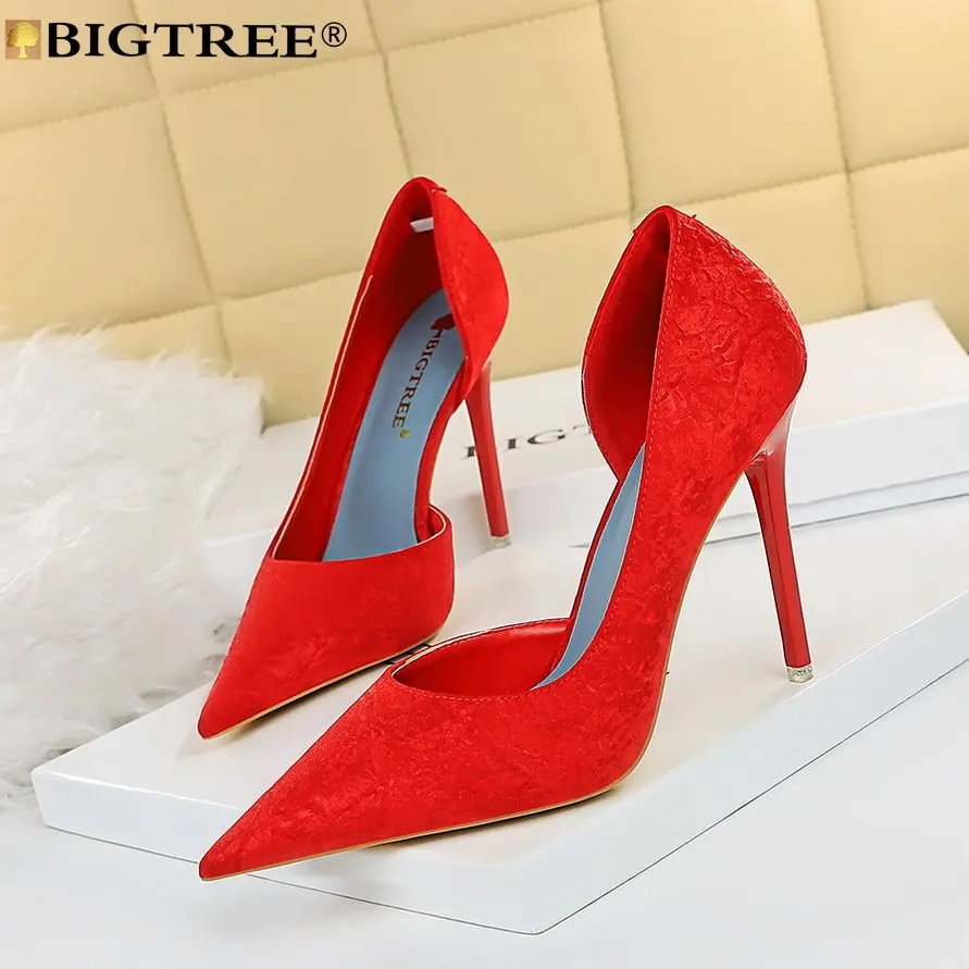 

Туфли-лодочки BIGTREE женские, искусственная модная холщовая обувь с острым носком и тонким каблуком 10 см, новинка для офиса и работы, черные