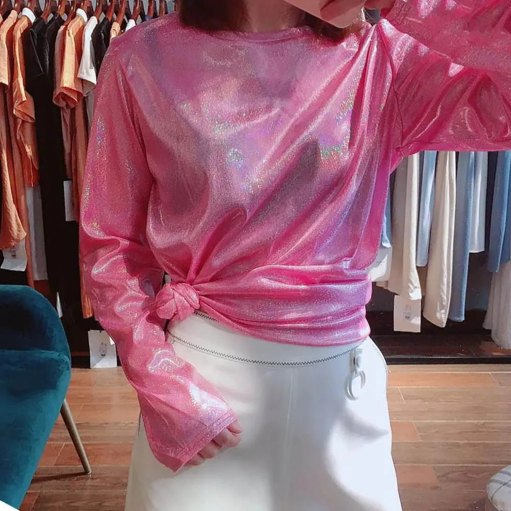 

Женская свободная футболка с длинным рукавом и круглым вырезом