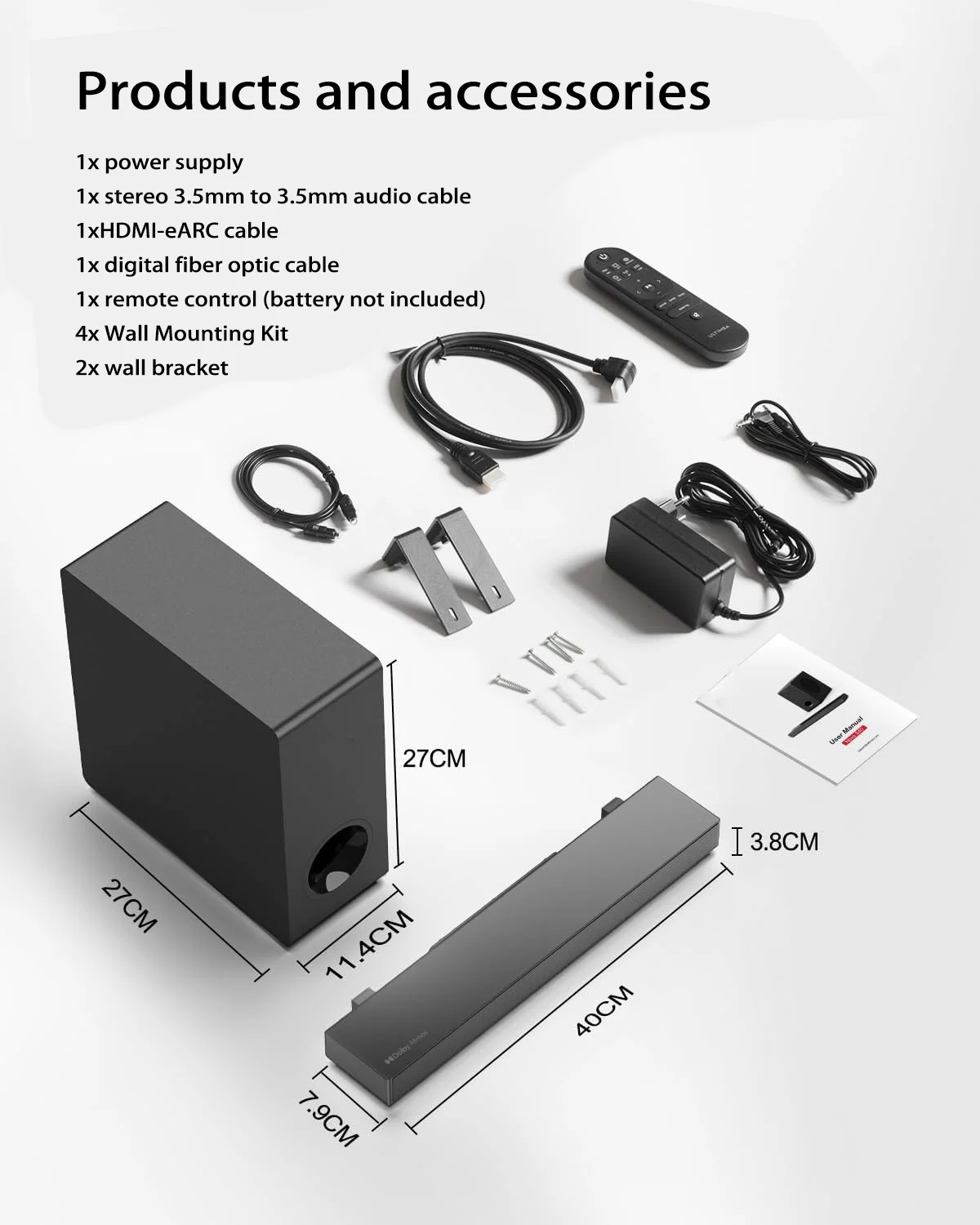 2.1채널 돌비 애트모스 사운드바 (유선 서브우퍼 포함) 190W 최대 출력 홈시어터 시스템 HDMI EARC 블루투스 5.3 TV 사운드바