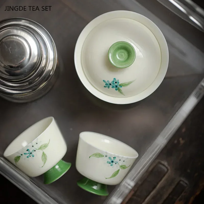1PCS 100ml Chinese ceramic gaiwan hand-painted Flower pattern Tea infuser high-end anti scalding tea cup exquisite tea set