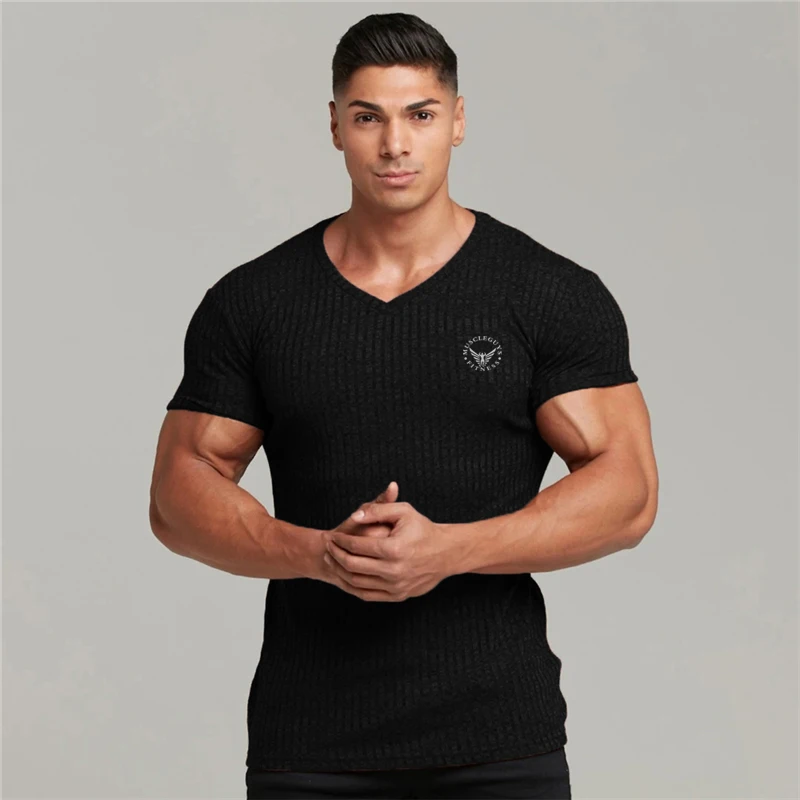

Men V-Neck Short Sleeve T Shirt Gym Bodybuilding Fitness Knitted Strips T-shirt Fashion Print Tops Summer Running Sport Clothing