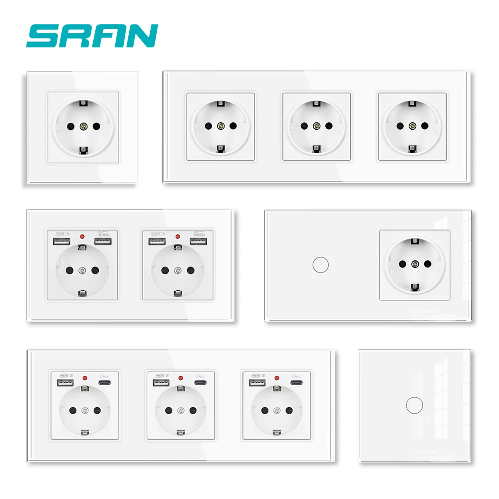 SRAN EU Standard Usb socket type-c Touch Switch 1/2/3Gang 1Way White 82/153/224*82mm Glass Panel Light Switch Electrical socket