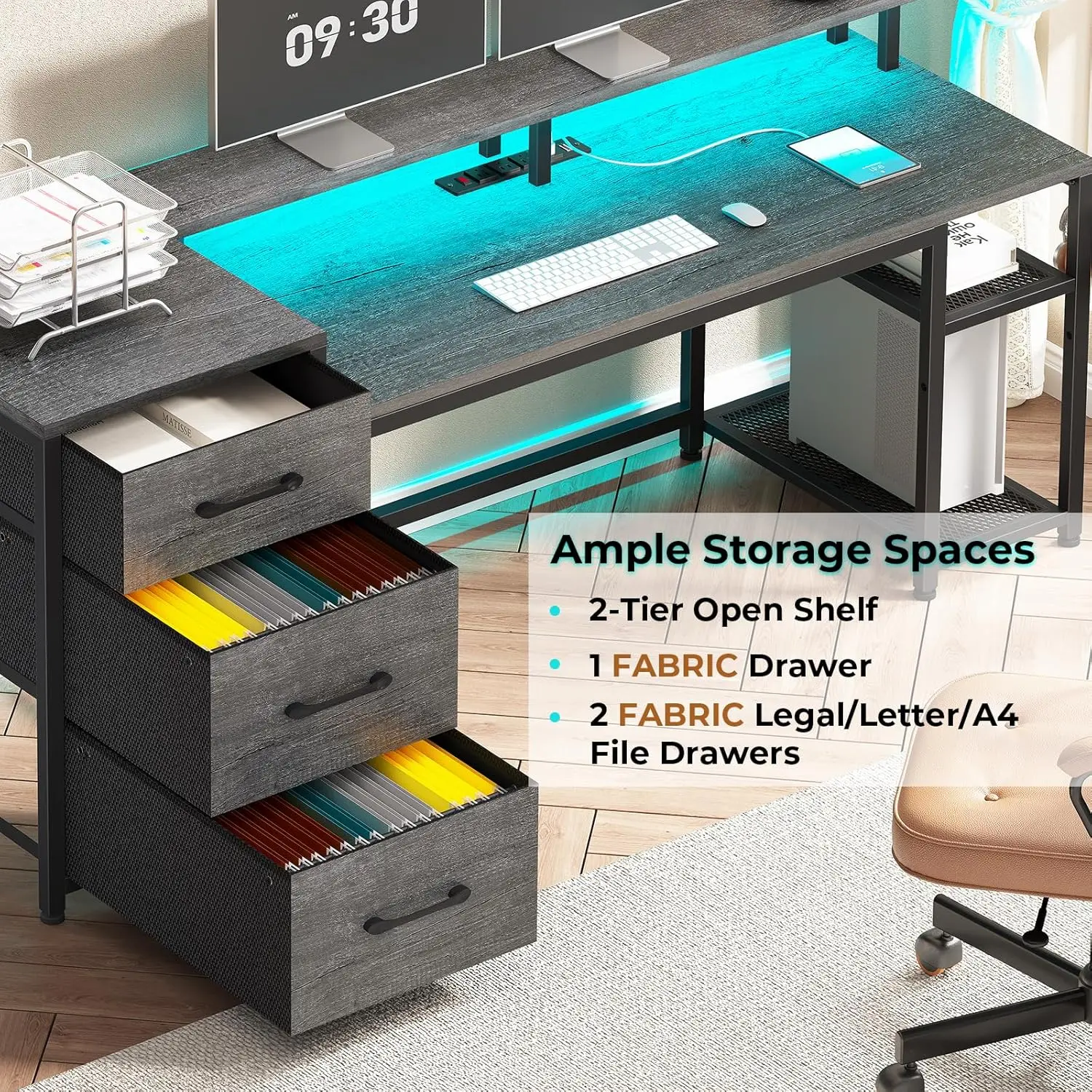 Computer Desk with File Drawers & Storage Reversible Gaming Desk with LED Lights & Power Outlet