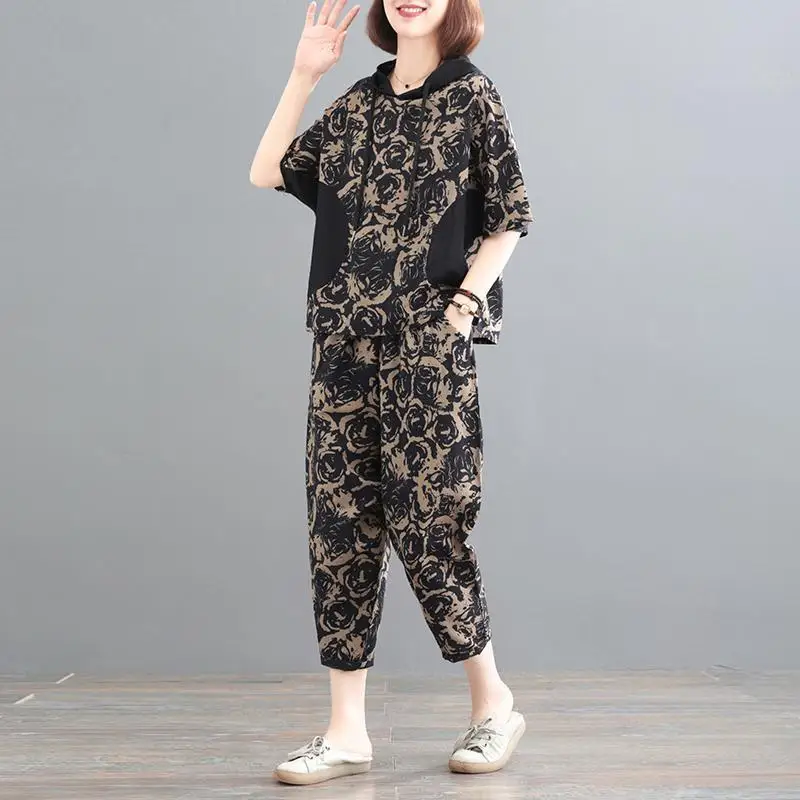 Summer New Women's Contrast Color Hoodies Drawstring Korean Version Loose Short Sleeve Printed Cotton and Linen Two-piece Set orbiter 1 5 extruder sls printed parts gear ratio 7 2 version direct dual drive extruder dual gear extruder