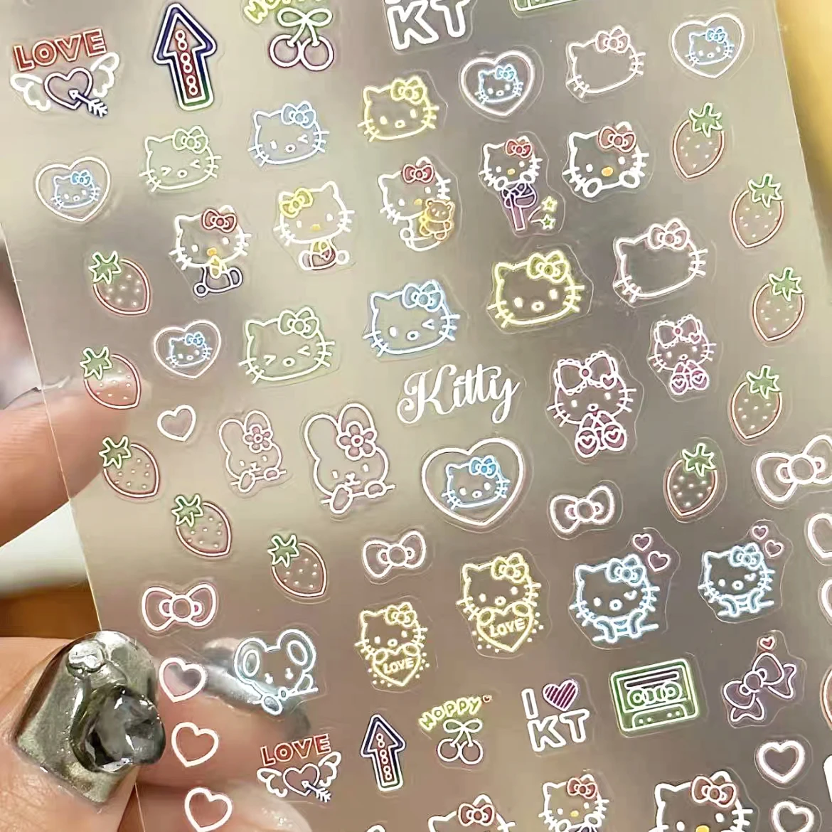 1 sheet Fluorescent hellokitty nail sticker embossed Japanese cartoon girl heart Hello Kitty pen holder cup decoration sticker 2
