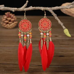 Boho Feather & Tassel Handmade Enamel Earrings (Red)
