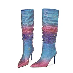 European and American Women's Gradient Rhinestone Boots, Fashionable Pleated Sleeve Boots, Slim High Heels, Size 47 Large Boots